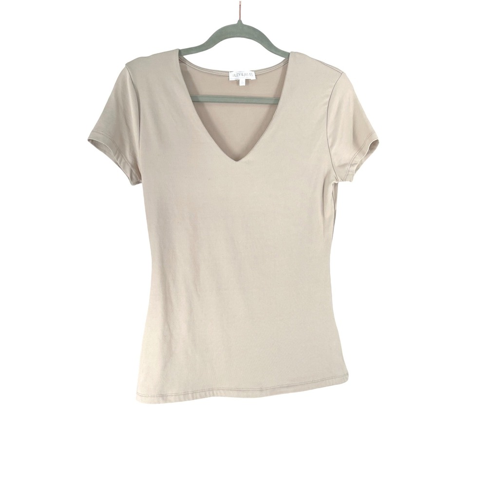 RILEY & JAMES Women's Beige V Neck Short Sleeve T Shirt Top Size L NWT
